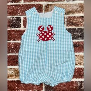 The Bailey Boys seersucker crab 🦀 bubble romper 9m 17” sts boutique boys